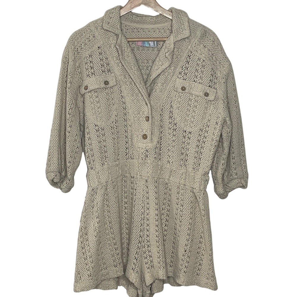 Free People Beach Crochet Romper Beige Knit Button Front Boho Short Jumpsuit M